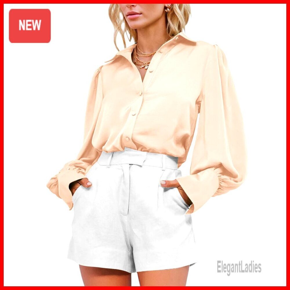 Satin Lantern Sleeve Button Down Blouse Long Sleeve Work Casual Top